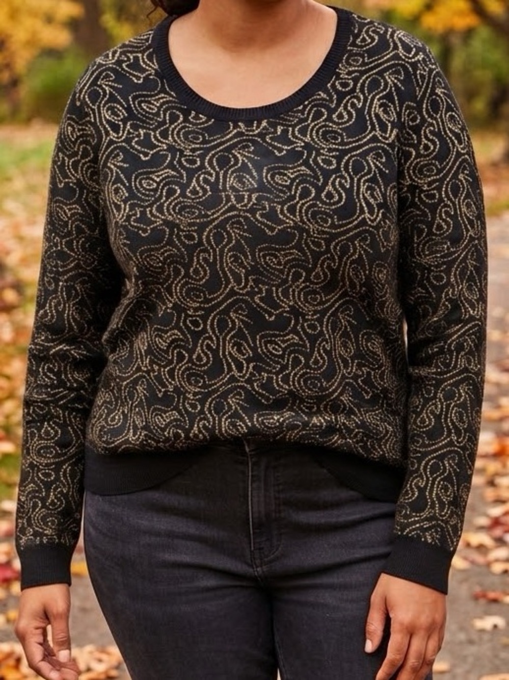 Jaclyn Smith Sweater XL Black & Gold Woven Pattern Long Sleeve Knit NWT Metallic
